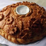 Karavay is a traditional round Russian yeast sweetbread usually baked for weddings